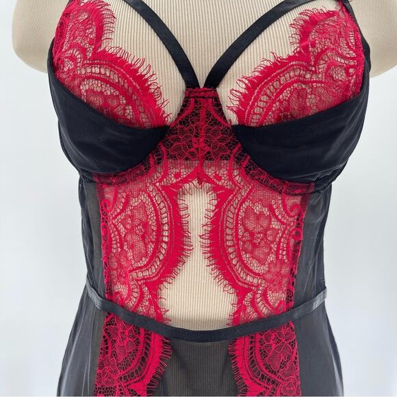 Adore Me Red Black Lace Valentine Sexy Cut Out Babydoll Slip Dress Size Medium - Picture 4 of 11